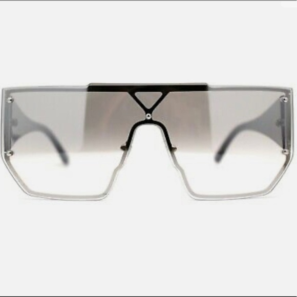 Oversize Square Shield Flat Top Exposed Lens Sunglasses. Black arms main image 8